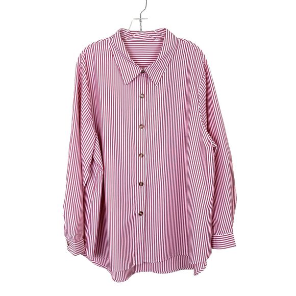 Women's Long Sleeve Button Down Shirt Size 4XL Pink White Striped Office Beach - Picture 1 of 6